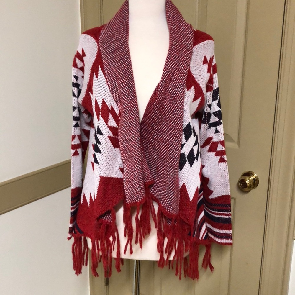 Bright graphic tribal pattern open front cardigan